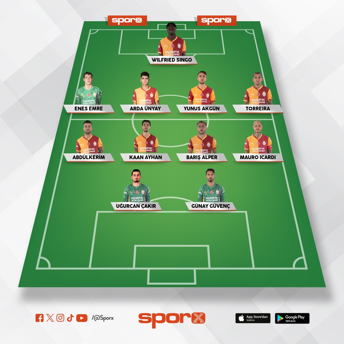 bar�� alper
muslera
icardi
u�urcan
abdulkerim
torreira
yunus akg�n

enes emre
g�nay
kaan
arda